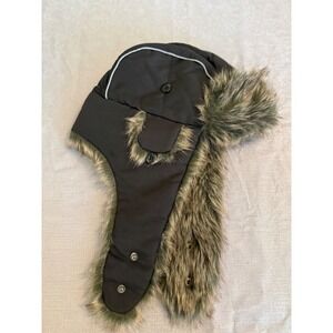 Broner Black Faux Fur Trapper Hat Aviator Bomber Cap Reflective Trim OSFM